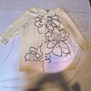 Christopher & Banks M Cardigan White Floral Embroidered Cotton Knit Grandmacore